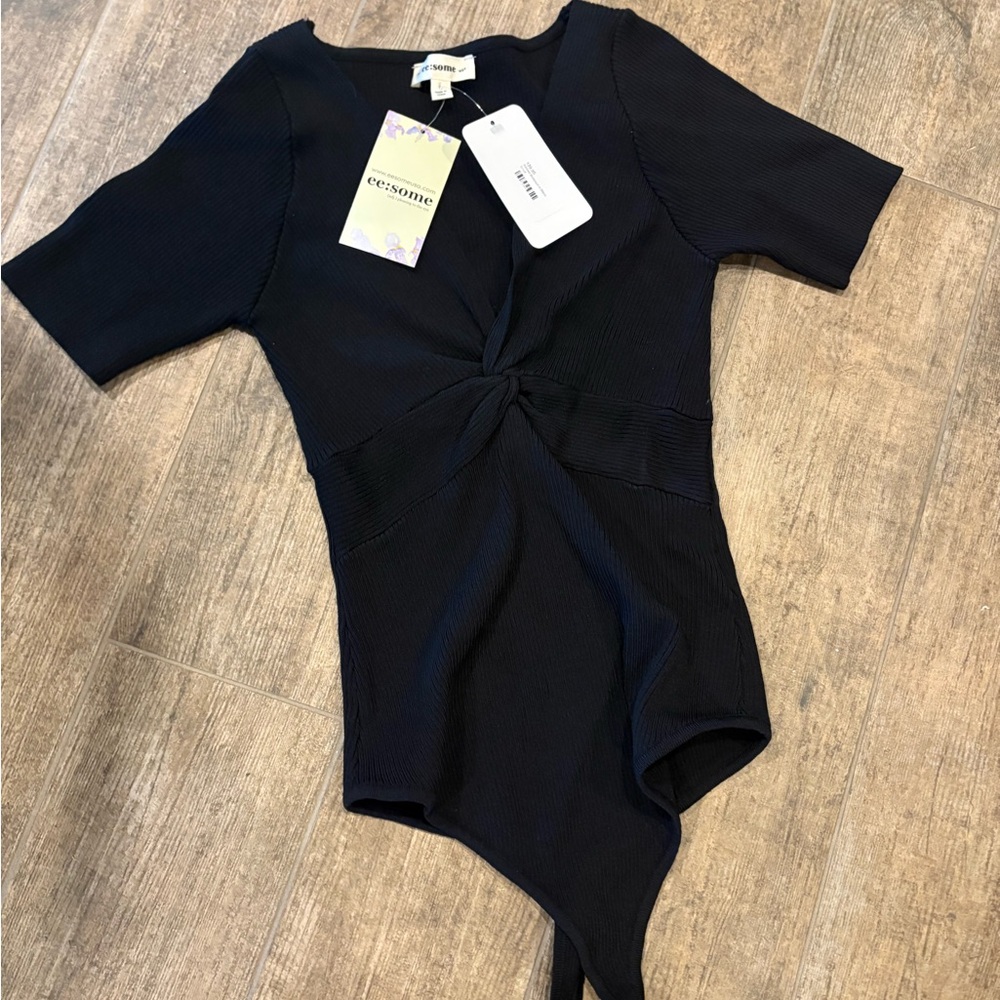 Eesome Black Ribbed Twist-Front Bodysuit